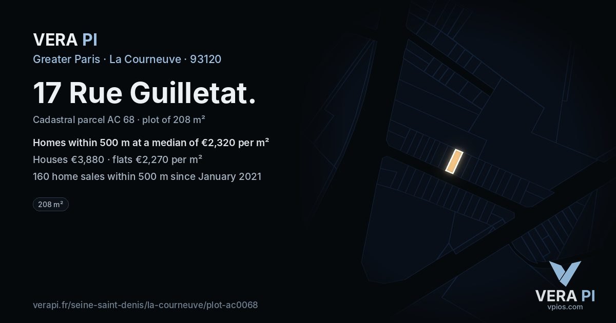 17 Rue Guilletat, La Courneuve at night – the plot lit, the parcels around coloured by the prices near them