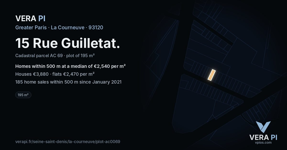 15 Rue Guilletat, La Courneuve at night – the plot lit, the parcels around coloured by the prices near them