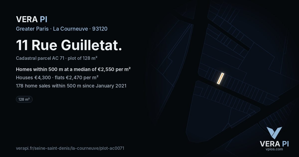 11 Rue Guilletat, La Courneuve at night – the plot lit, the parcels around coloured by the prices near them