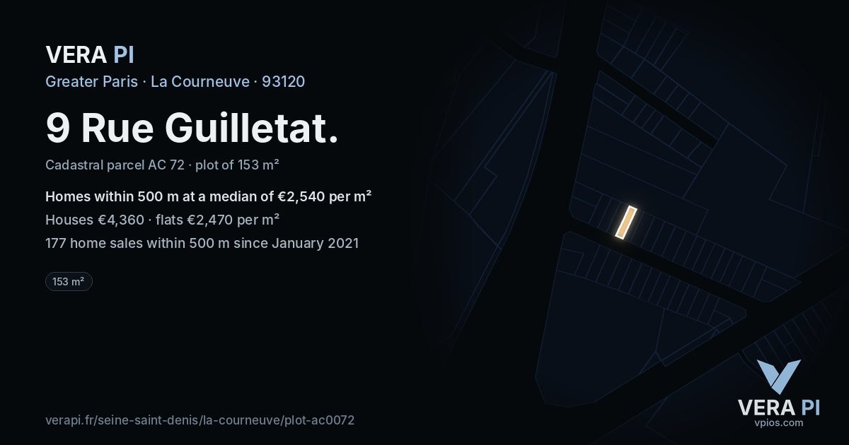 9 Rue Guilletat, La Courneuve at night – the plot lit, the parcels around coloured by the prices near them