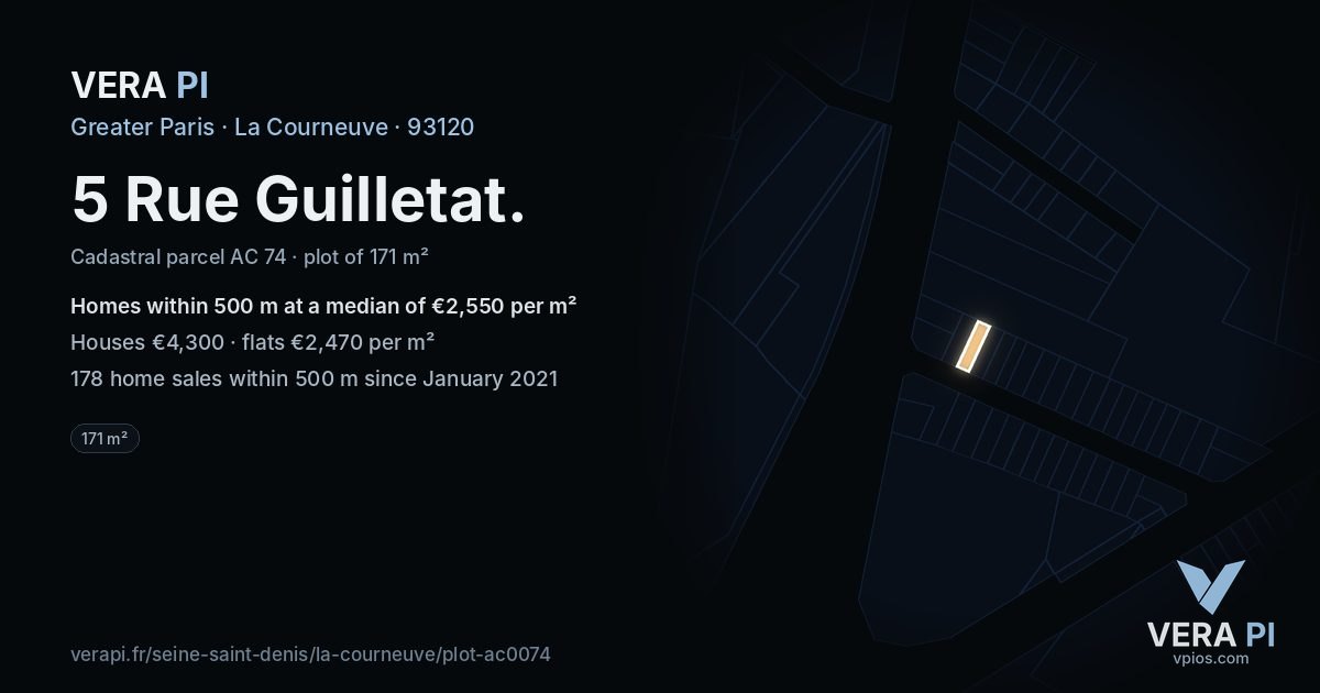 5 Rue Guilletat, La Courneuve at night – the plot lit, the parcels around coloured by the prices near them