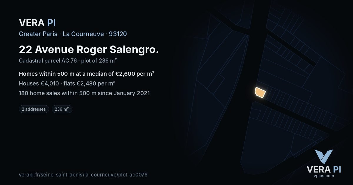 22 Avenue Roger Salengro, La Courneuve at night – the plot lit, the parcels around coloured by the prices near them