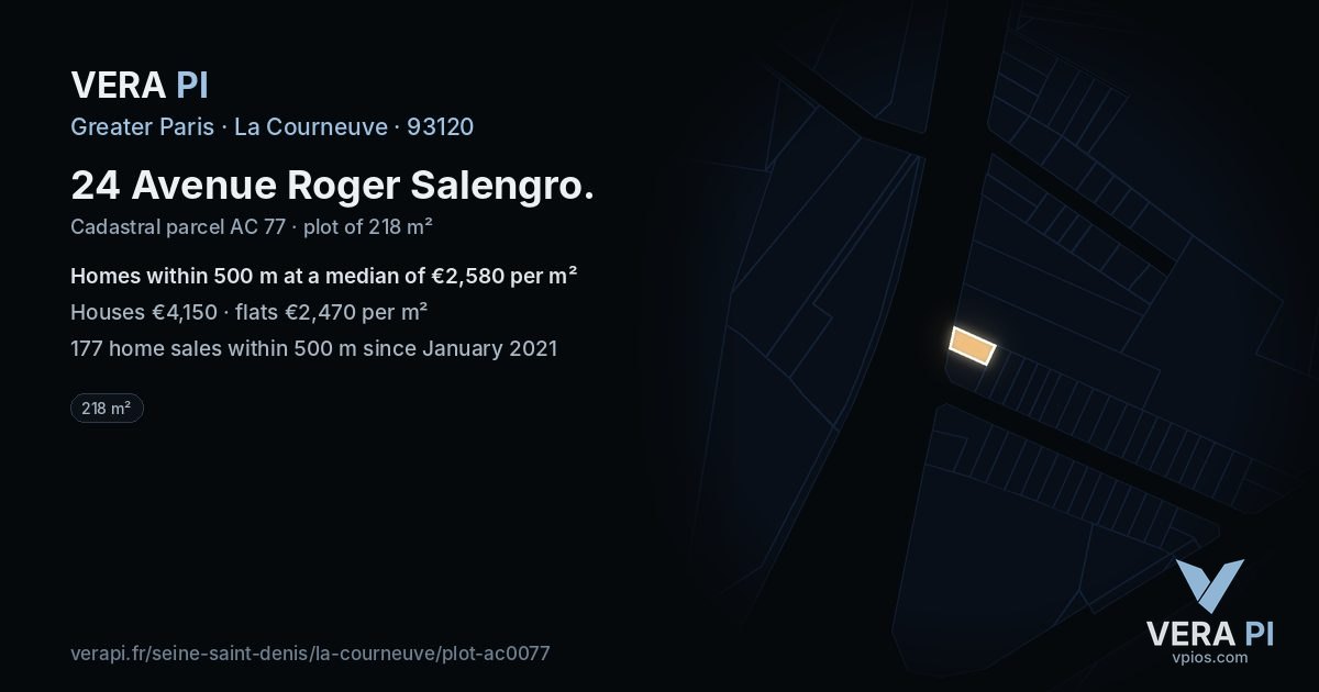 24 Avenue Roger Salengro, La Courneuve at night – the plot lit, the parcels around coloured by the prices near them