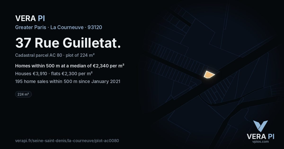 37 Rue Guilletat, La Courneuve at night – the plot lit, the parcels around coloured by the prices near them