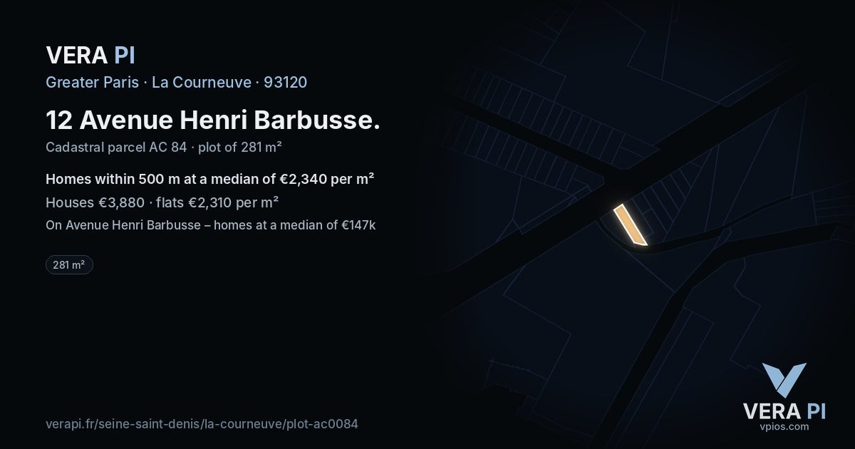 12 Avenue Henri Barbusse, La Courneuve at night – the plot lit, the parcels around coloured by the prices near them
