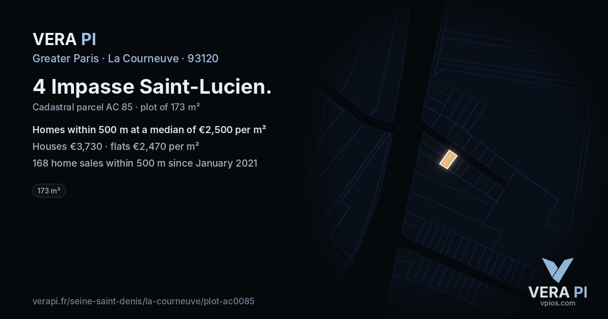 4 Impasse Saint-Lucien, La Courneuve at night – the plot lit, the parcels around coloured by the prices near them