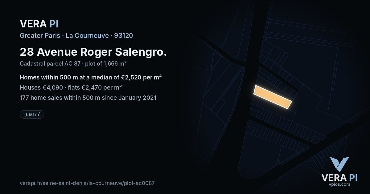 28 Avenue Roger Salengro, La Courneuve at night – the plot lit, the parcels around coloured by the prices near them