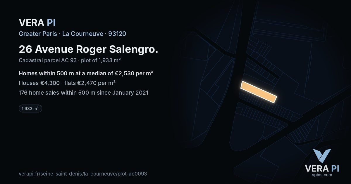 26 Avenue Roger Salengro, La Courneuve at night – the plot lit, the parcels around coloured by the prices near them