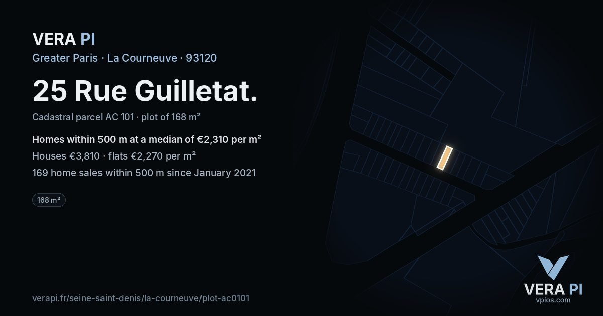 25 Rue Guilletat, La Courneuve at night – the plot lit, the parcels around coloured by the prices near them
