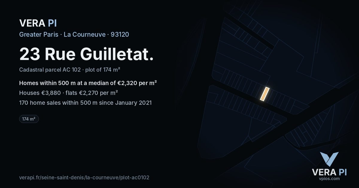 23 Rue Guilletat, La Courneuve at night – the plot lit, the parcels around coloured by the prices near them