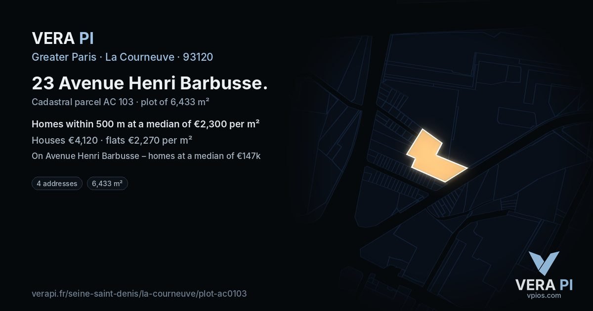 23 Avenue Henri Barbusse, La Courneuve at night – the plot lit, the parcels around coloured by the prices near them