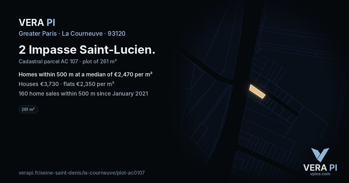2 Impasse Saint-Lucien, La Courneuve at night – the plot lit, the parcels around coloured by the prices near them