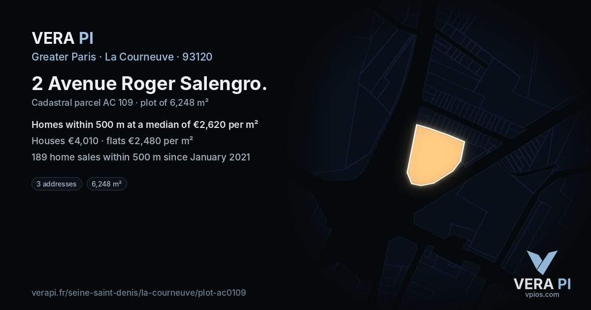 2 Avenue Roger Salengro, La Courneuve at night – the plot lit, the parcels around coloured by the prices near them