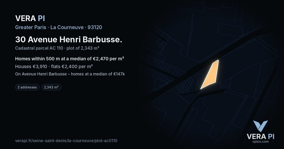 30 Avenue Henri Barbusse, La Courneuve at night – the plot lit, the parcels around coloured by the prices near them