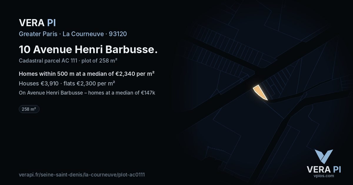 10 Avenue Henri Barbusse, La Courneuve at night – the plot lit, the parcels around coloured by the prices near them