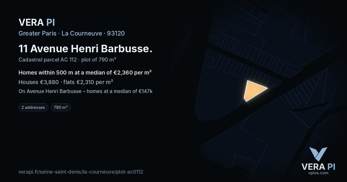 11 Avenue Henri Barbusse, La Courneuve at night – the plot lit, the parcels around coloured by the prices near them