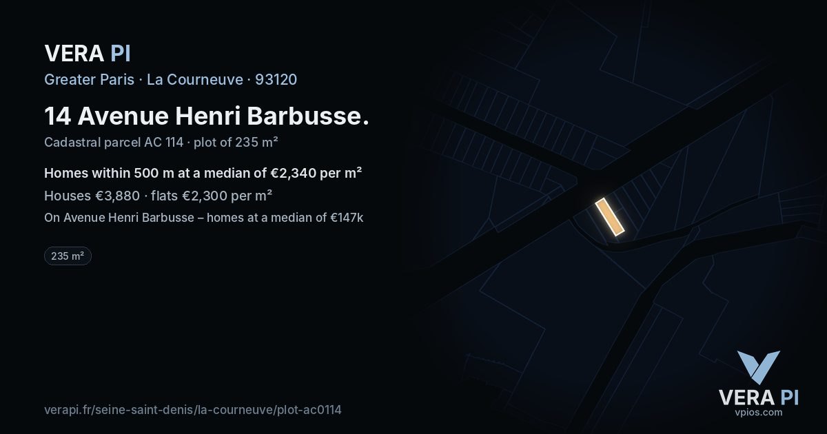14 Avenue Henri Barbusse, La Courneuve at night – the plot lit, the parcels around coloured by the prices near them