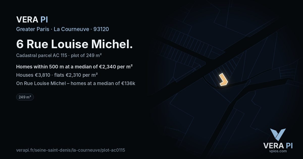 6 Rue Louise Michel, La Courneuve at night – the plot lit, the parcels around coloured by the prices near them