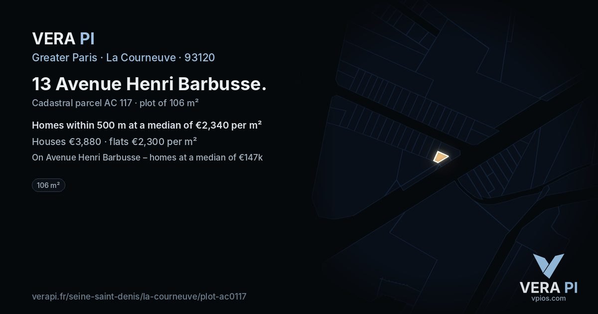 13 Avenue Henri Barbusse, La Courneuve at night – the plot lit, the parcels around coloured by the prices near them