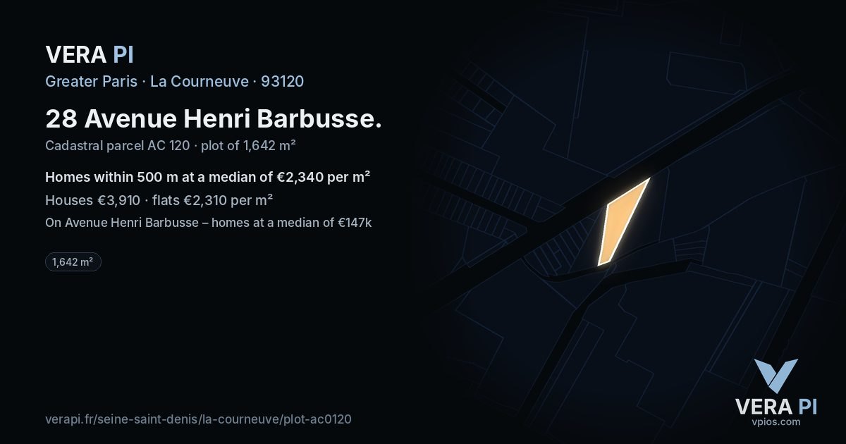 28 Avenue Henri Barbusse, La Courneuve at night – the plot lit, the parcels around coloured by the prices near them