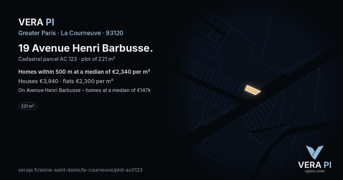 19 Avenue Henri Barbusse, La Courneuve at night – the plot lit, the parcels around coloured by the prices near them