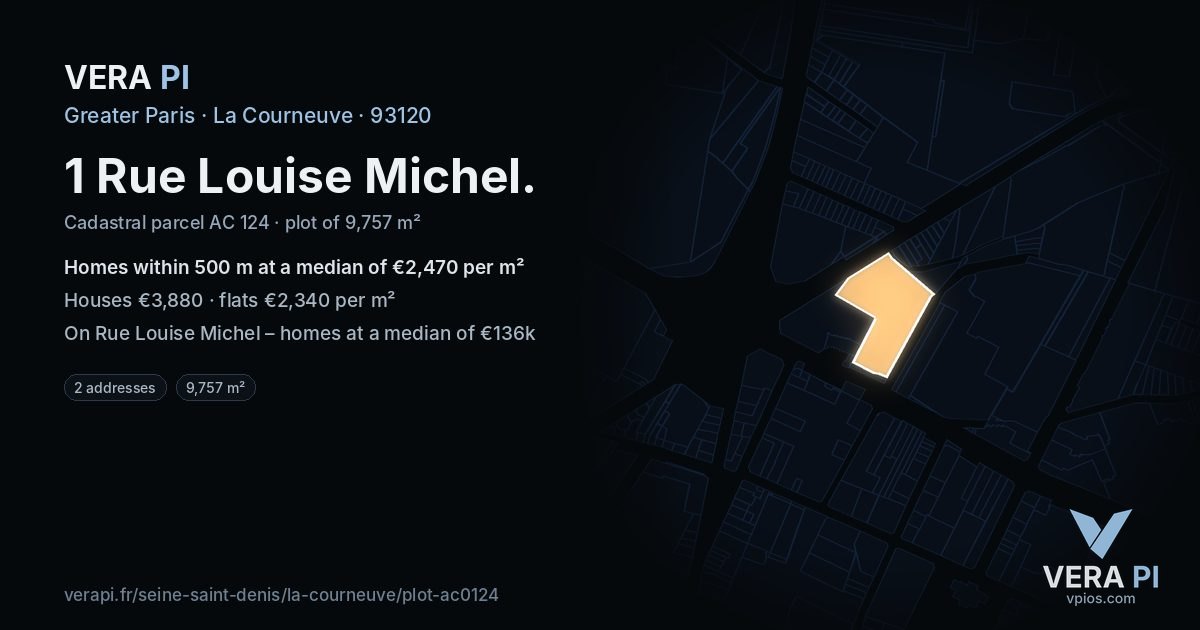 1 Rue Louise Michel, La Courneuve at night – the plot lit, the parcels around coloured by the prices near them