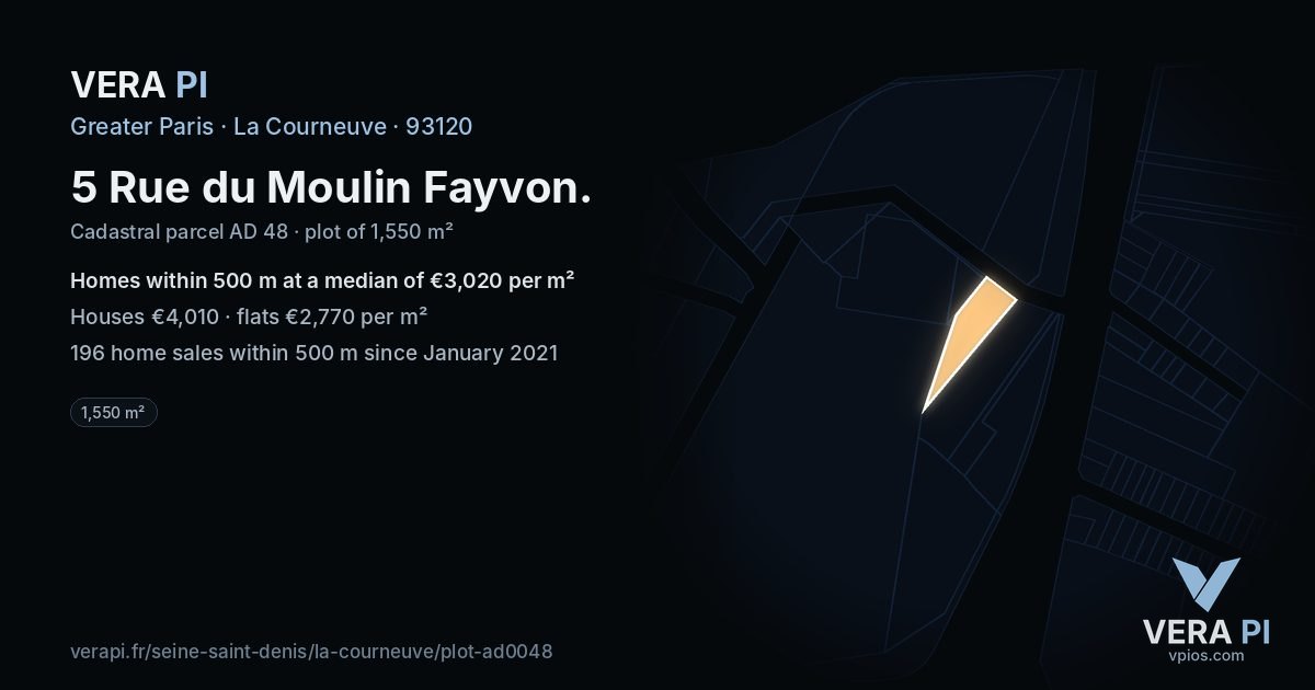 5 Rue du Moulin Fayvon, La Courneuve at night – the plot lit, the parcels around coloured by the prices near them