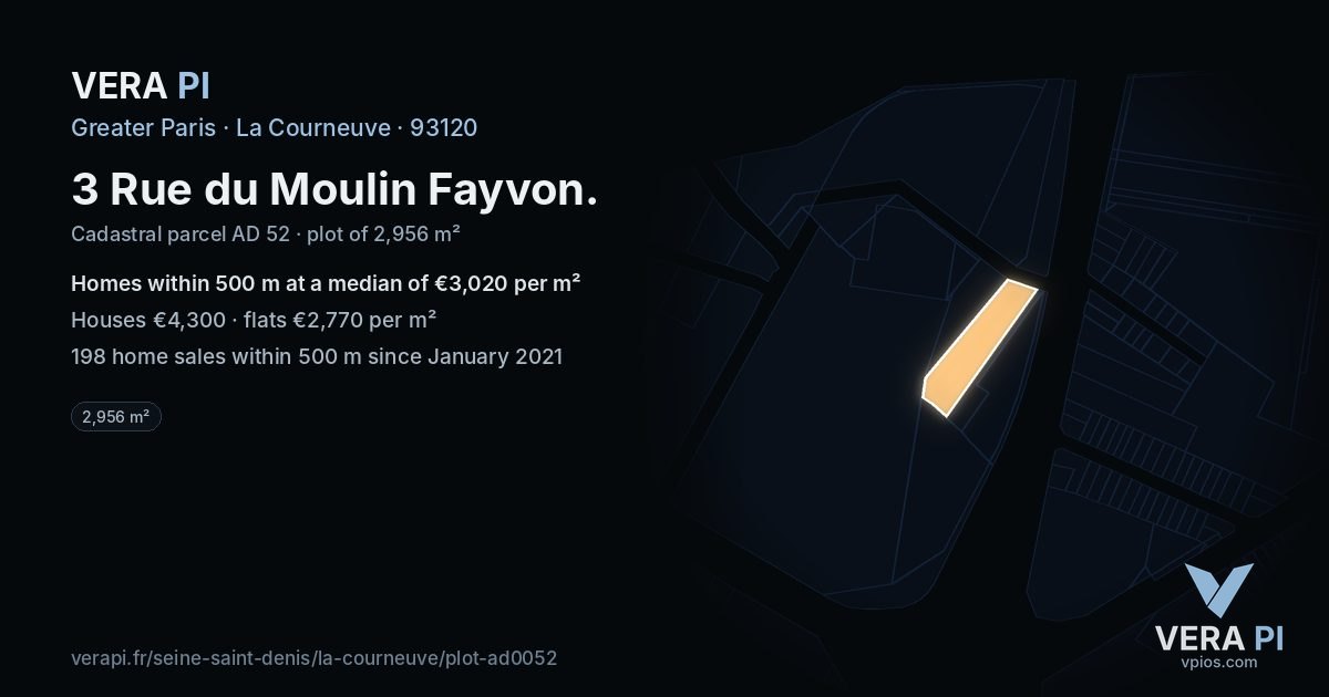 3 Rue du Moulin Fayvon, La Courneuve at night – the plot lit, the parcels around coloured by the prices near them