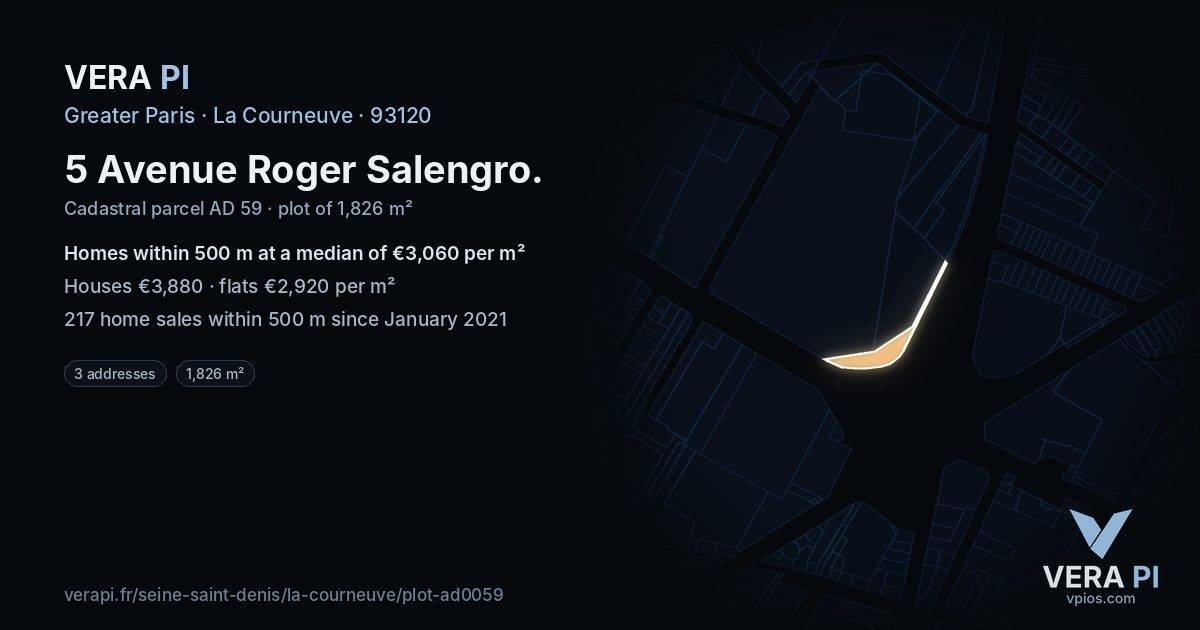 5 Avenue Roger Salengro, La Courneuve at night – the plot lit, the parcels around coloured by the prices near them