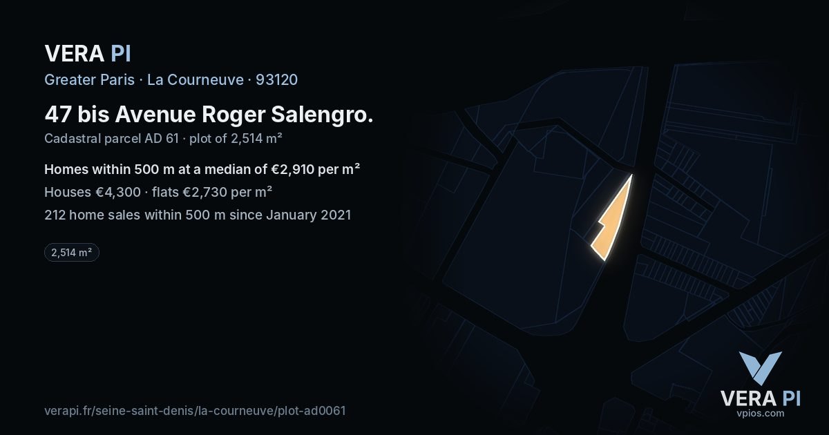 47 bis Avenue Roger Salengro, La Courneuve at night – the plot lit, the parcels around coloured by the prices near them