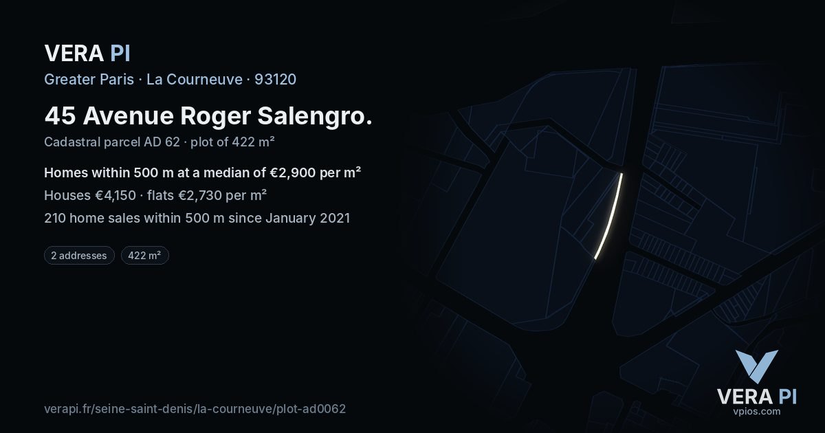 45 Avenue Roger Salengro, La Courneuve at night – the plot lit, the parcels around coloured by the prices near them