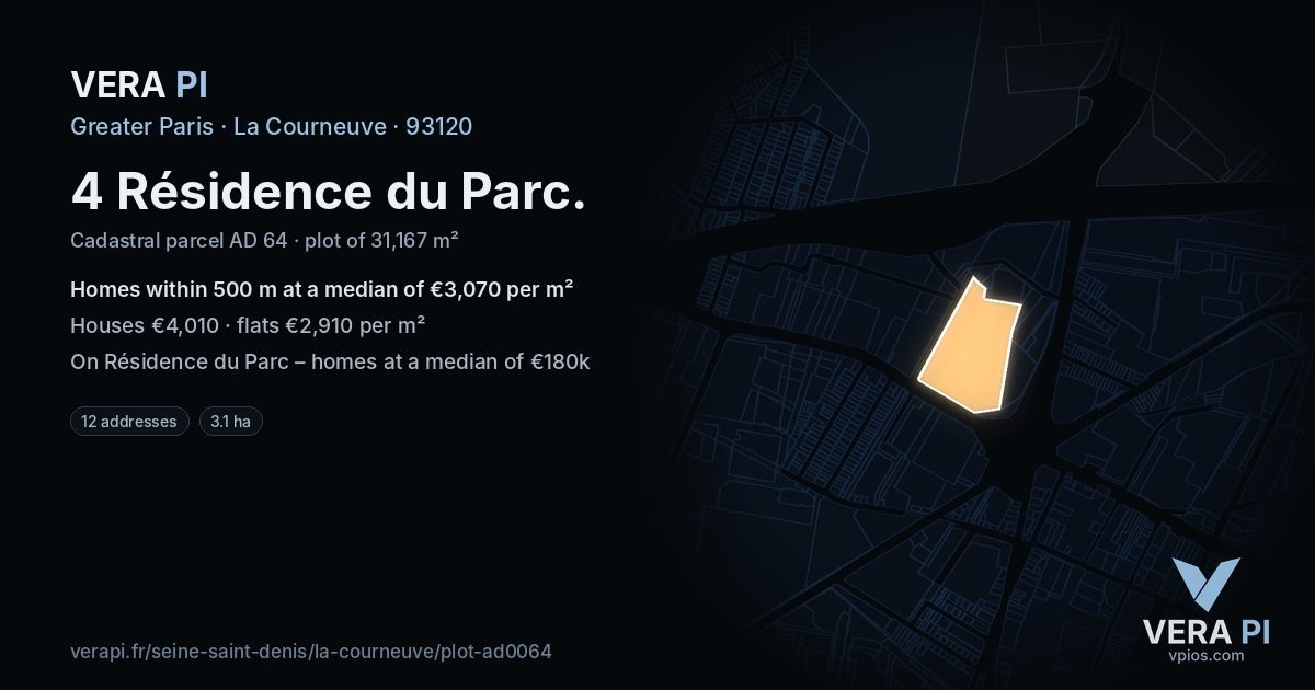 4 Résidence du Parc, La Courneuve at night – the plot lit, the parcels around coloured by the prices near them