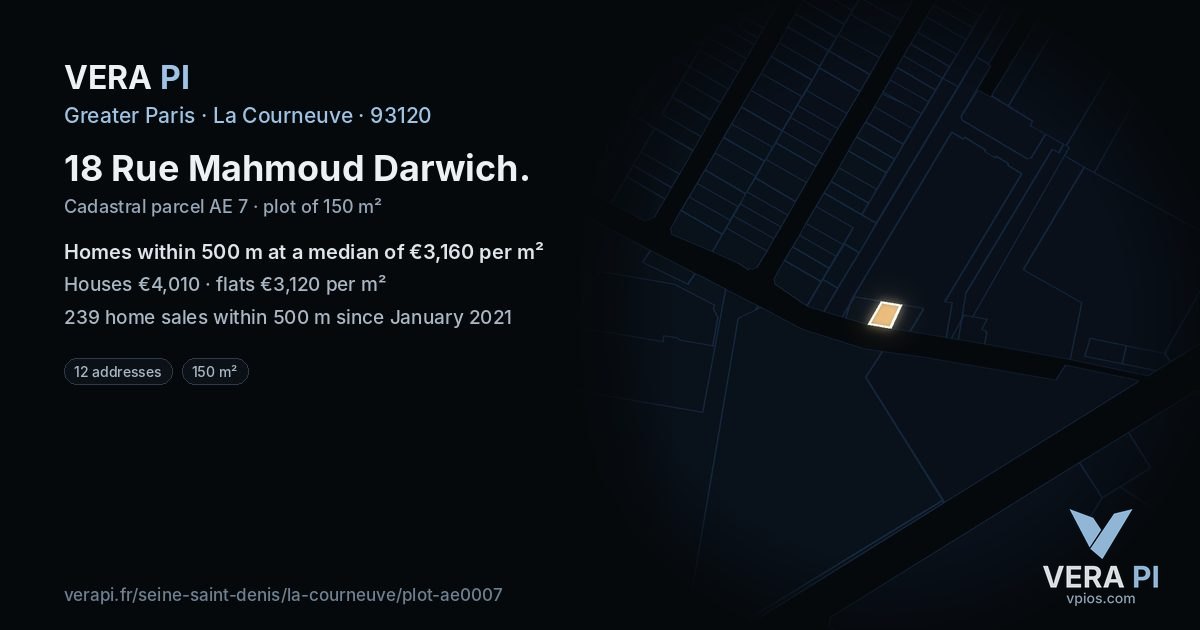 18 Rue Mahmoud Darwich, La Courneuve at night – the plot lit, the parcels around coloured by the prices near them