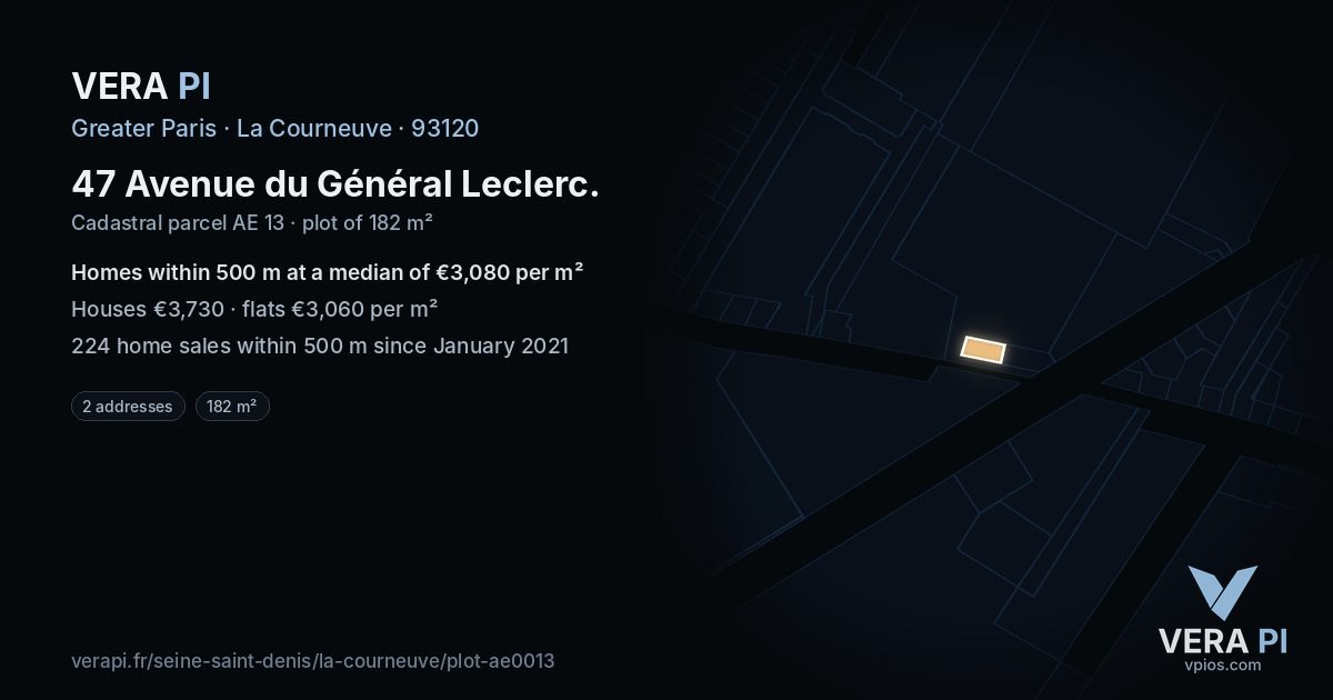 47 Avenue du Général Leclerc, La Courneuve at night – the plot lit, the parcels around coloured by the prices near them