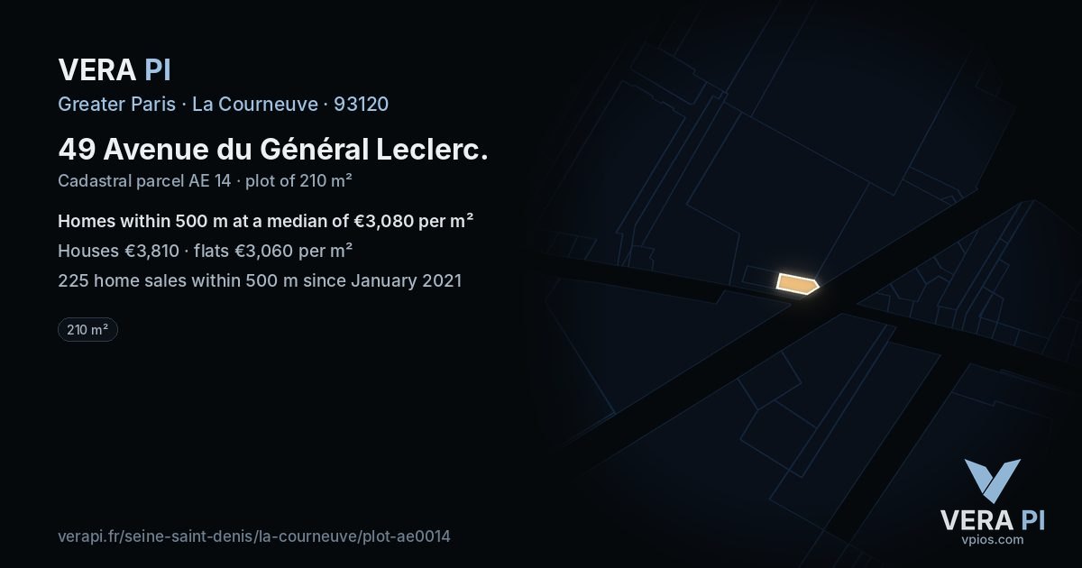 49 Avenue du Général Leclerc, La Courneuve at night – the plot lit, the parcels around coloured by the prices near them