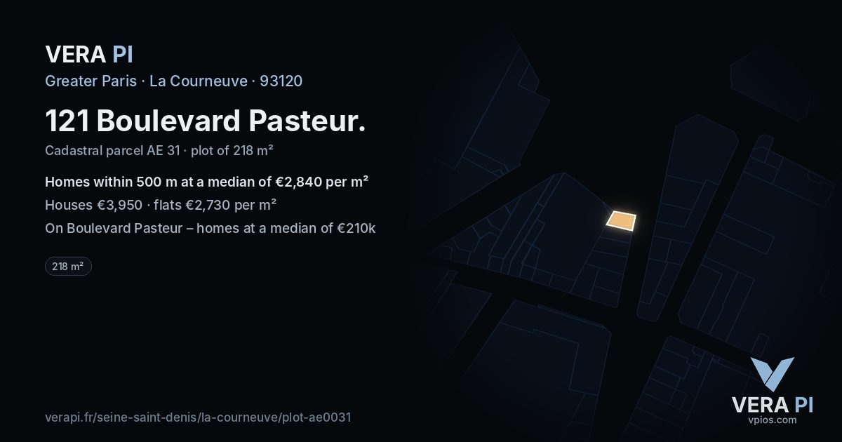 121 Boulevard Pasteur, La Courneuve at night – the plot lit, the parcels around coloured by the prices near them
