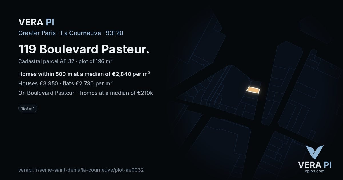 119 Boulevard Pasteur, La Courneuve at night – the plot lit, the parcels around coloured by the prices near them