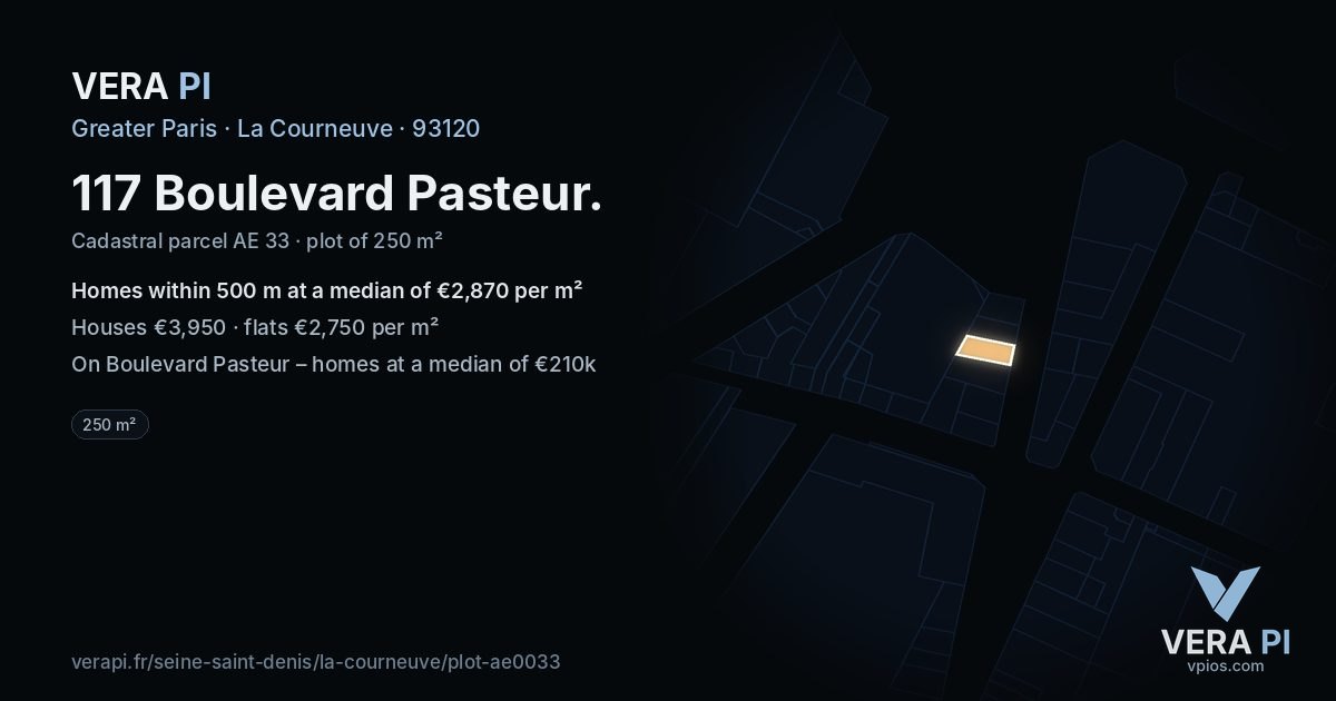 117 Boulevard Pasteur, La Courneuve at night – the plot lit, the parcels around coloured by the prices near them