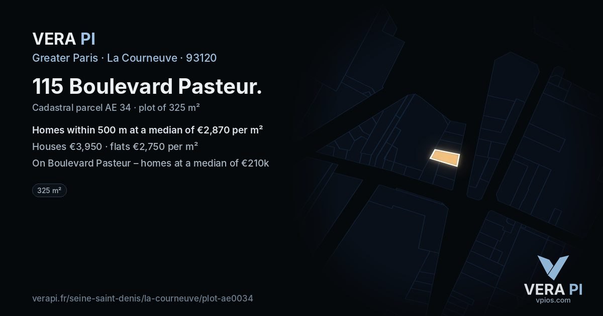 115 Boulevard Pasteur, La Courneuve at night – the plot lit, the parcels around coloured by the prices near them