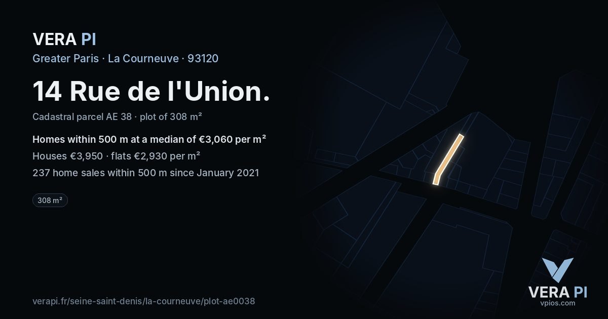 14 Rue de l'Union, La Courneuve at night – the plot lit, the parcels around coloured by the prices near them