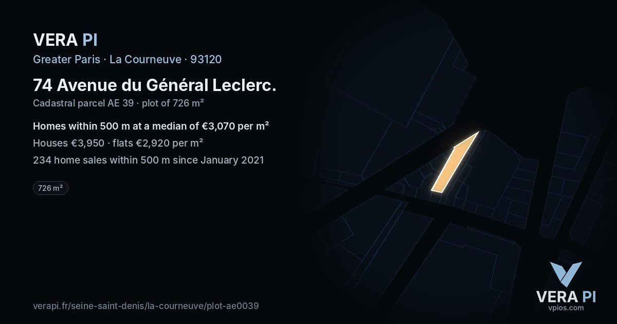 74 Avenue du Général Leclerc, La Courneuve at night – the plot lit, the parcels around coloured by the prices near them