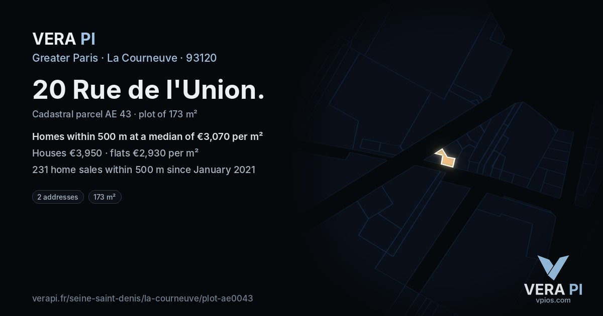 20 Rue de l'Union, La Courneuve at night – the plot lit, the parcels around coloured by the prices near them