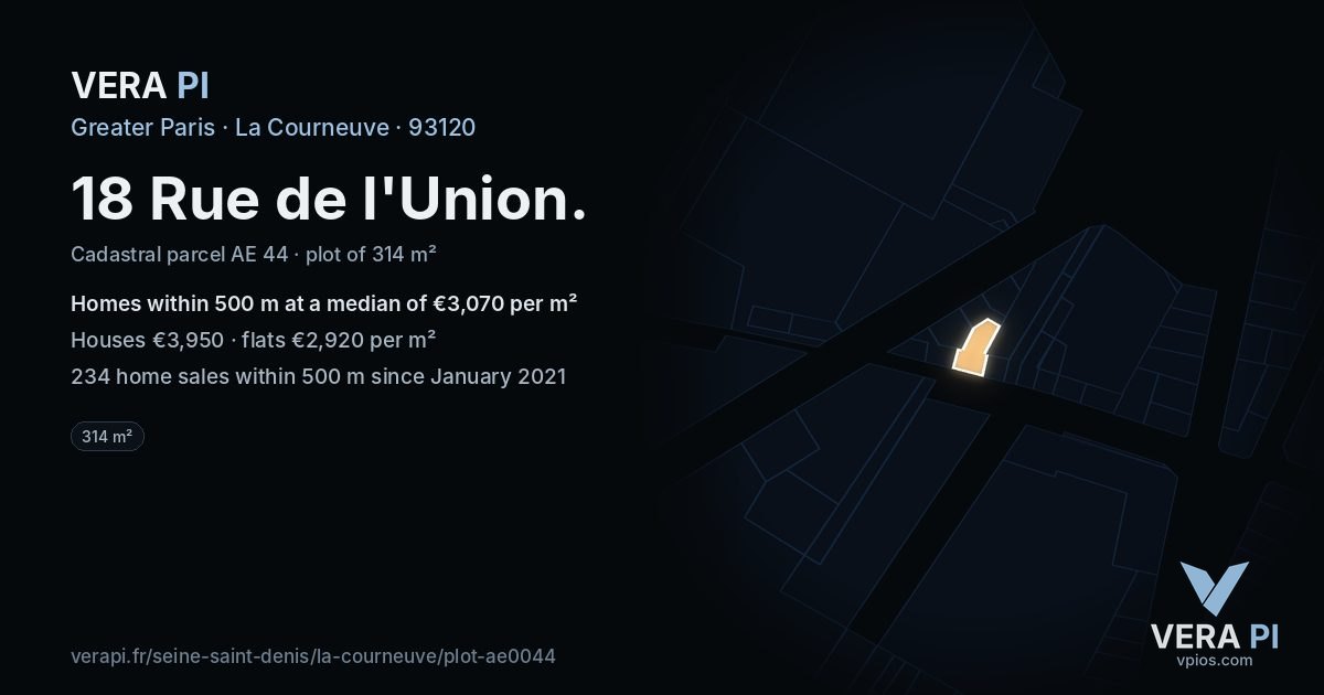 18 Rue de l'Union, La Courneuve at night – the plot lit, the parcels around coloured by the prices near them