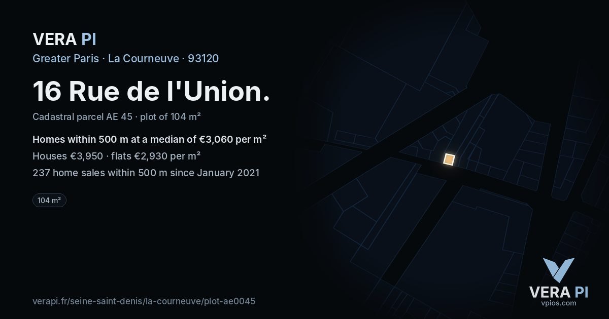 16 Rue de l'Union, La Courneuve at night – the plot lit, the parcels around coloured by the prices near them