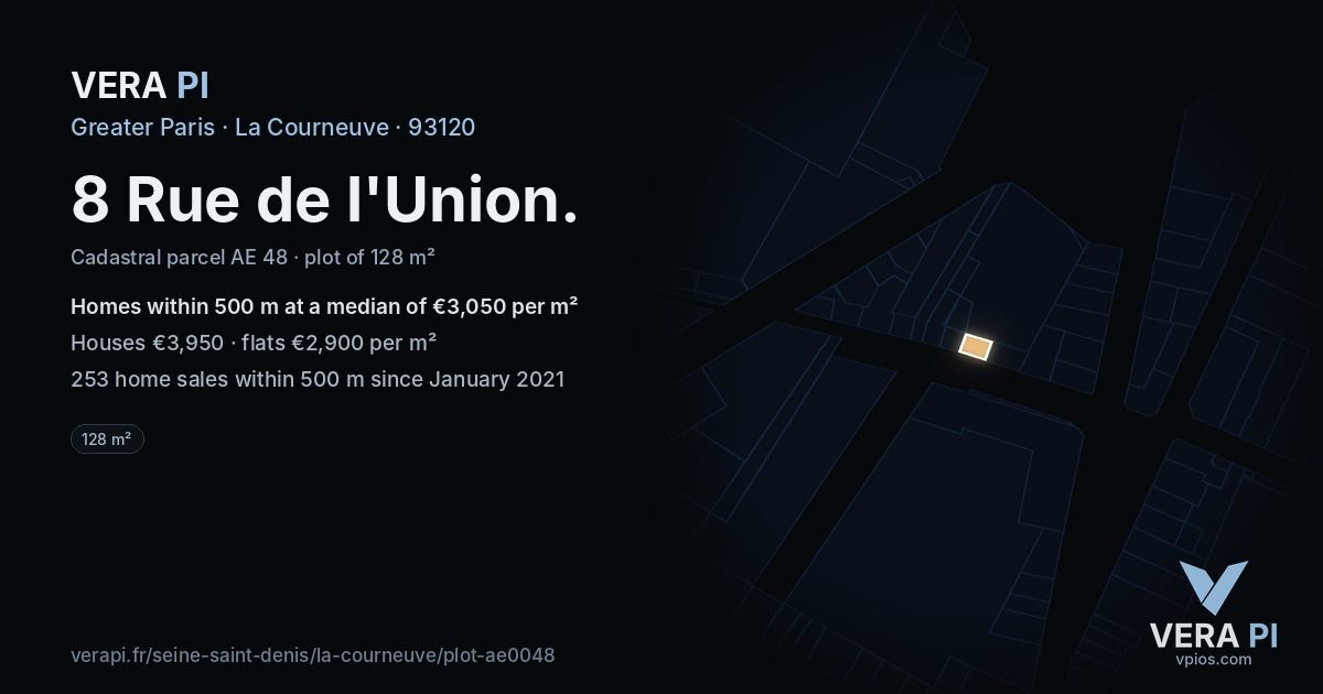 8 Rue de l'Union, La Courneuve at night – the plot lit, the parcels around coloured by the prices near them