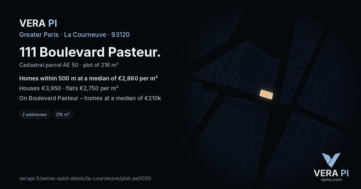 111 Boulevard Pasteur, La Courneuve at night – the plot lit, the parcels around coloured by the prices near them