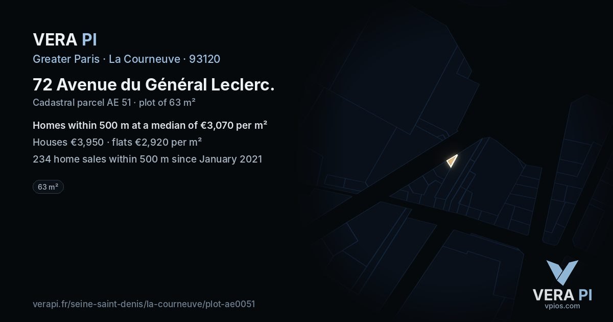 72 Avenue du Général Leclerc, La Courneuve at night – the plot lit, the parcels around coloured by the prices near them