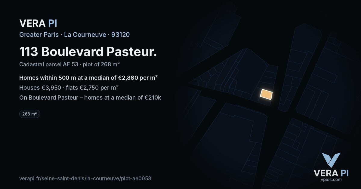 113 Boulevard Pasteur, La Courneuve at night – the plot lit, the parcels around coloured by the prices near them