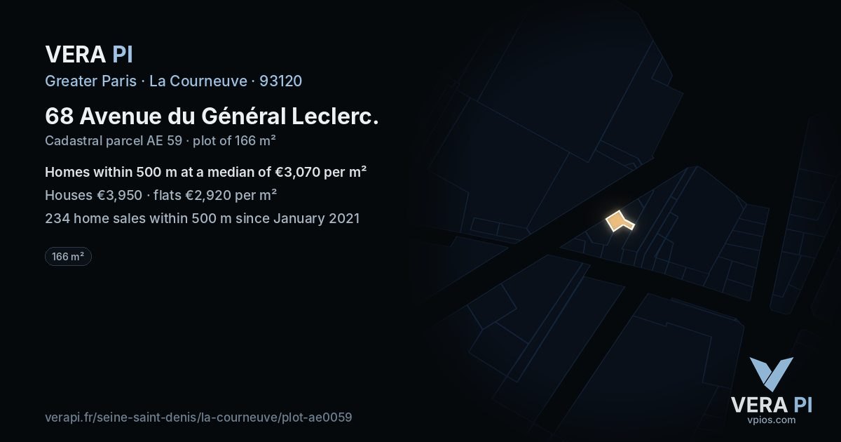68 Avenue du Général Leclerc, La Courneuve at night – the plot lit, the parcels around coloured by the prices near them