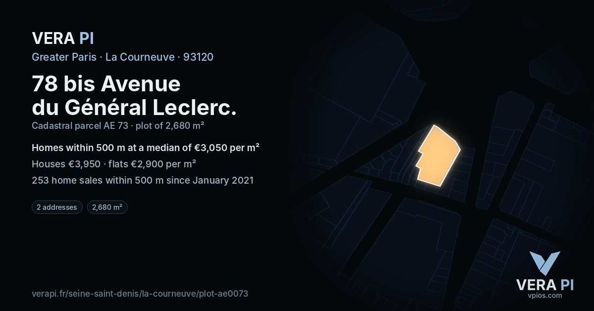78 bis Avenue du Général Leclerc, La Courneuve at night – the plot lit, the parcels around coloured by the prices near them